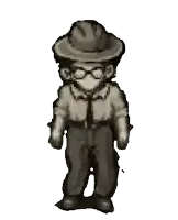 a pixel art drawing of a man in a hat and glasses holding a shovel .