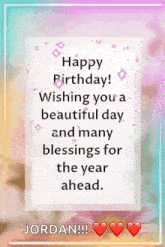 a happy birthday card for jordan wishing you a beautiful day and many blessings for the year ahead .