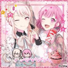 two pink haired anime girls are posing for a picture and one is holding a soda