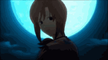 a girl is standing in front of a blue moon
