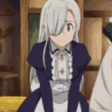elizabeth from the seven deadly sins is wearing a blue and white dress and standing next to a man .