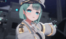 a girl with green hair and blue eyes is wearing a hat