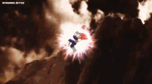 a cartoon character is flying through the air with a purple light coming out of his mouth .
