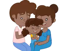 a cartoon of a family with a boy and a girl hugging