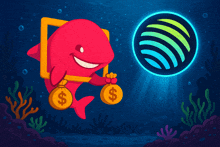 a cartoon of a dolphin holding money bags with the letters $ on them