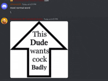 a screenshot of a discord chat with a picture of an arrow that says this dude wants cock badly