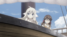 two anime girls on a boat one pointing at the camera