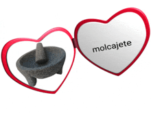 a heart shaped mirror shows a mortar and pestle with molcajete written on it