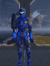 a man in a blue and black armor stands in front of a window