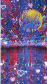 a painting of jellyfish and hearts with a reflection in the water .