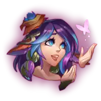 a cartoon drawing of a girl with purple hair and a butterfly in the background