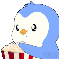 a blue penguin is eating popcorn from a striped container