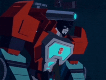a transformer with a red and blue stripe on its chest