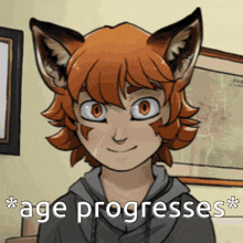 a cartoon of a person with fox ears and the words " age progresses "