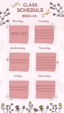 a class schedule for beed-2a is shown with flowers on it