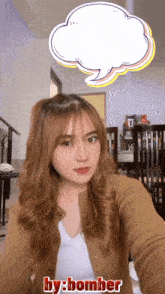 a girl taking a selfie with a speech bubble that says by bomber