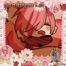 a picture of a girl with pink hair is surrounded by flowers