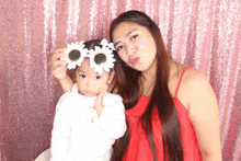 a woman and a little girl wearing fake sunglasses