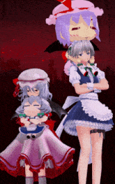a couple of anime characters standing next to each other with a red background