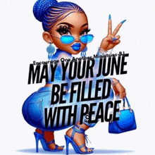 a cartoon of a woman giving a peace sign and holding a purse .