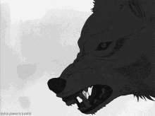 a black and white drawing of a wolf with its mouth open and sharp teeth .
