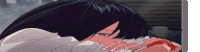 a girl with long black hair is laying down with her head on her hands .