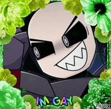 a picture of a cartoon character is surrounded by green flowers and the words im gay on the bottom