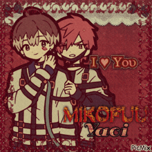 a couple of anime characters standing next to each other with the words " i love you " on top