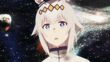 a girl with white hair and blue eyes is looking up at the stars
