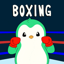 a penguin wearing red boxing gloves is standing in a boxing ring