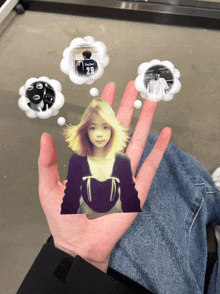 a person holding a picture of a girl with thought bubbles around her including one with the number 29 on it