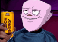 a cartoon character holding a can of nixon energy
