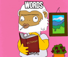 a cartoon character holding a dictionary with the words words written on it