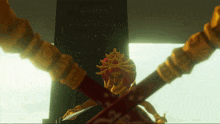 a video game character is holding a sword in front of a large stone