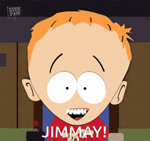 a cartoon character from south park is sitting in a chair and says jimmay