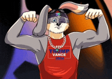 a cartoon bunny wearing a red tank top that says trump vance