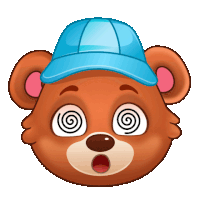 a brown teddy bear wearing a blue hat with a hypnotic look on his face