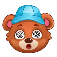 a brown teddy bear wearing a blue hat with a hypnotic look on his face