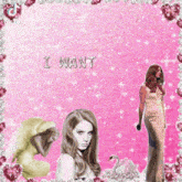 a woman in a white dress is standing in front of a pink background with a swan .