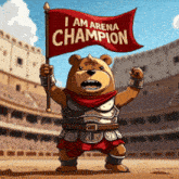 a teddy bear holding a flag that says i am arena champion