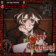 a drawing of a boy with the words good morning written on it