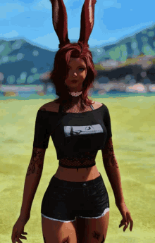 a woman with red hair and bunny ears wearing a black crop top