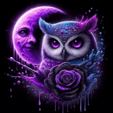 a colorful owl sits next to a purple rose and a crescent moon