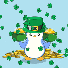 a penguin wearing a leprechaun hat holds pots of gold