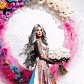 a woman in a dress is holding a bouquet of flowers