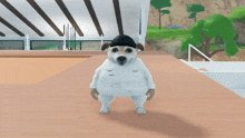 a dog wearing a white sweater and a black hat is standing on a ledge