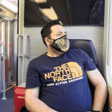 a man wearing a face mask and a north face shirt sits on a train