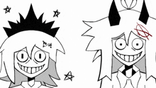 a black and white drawing of a cartoon character with horns