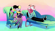 a cartoon of a jester sitting on a couch next to a devil