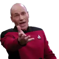 a man in a red uniform is pointing his finger